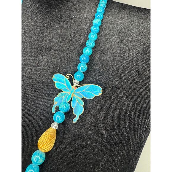 Vintage Turquoise Ceramic Beads Butterfly Necklace - Picture 1 of 6